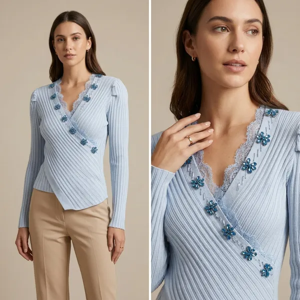Grey_Ribbed_Floral_Embellished_Wrap_Top_For_Women
