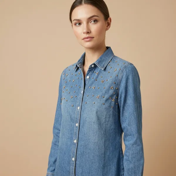 Blue_Denim_Embellished_Button_Down_Shirt_For_Women