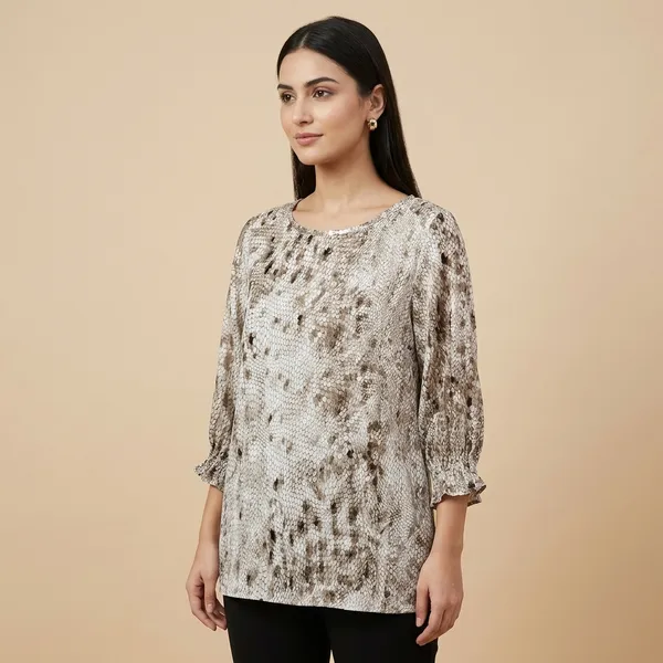 Grey_Snake_Print_Ruffled_Sleeve_Top_For_Women