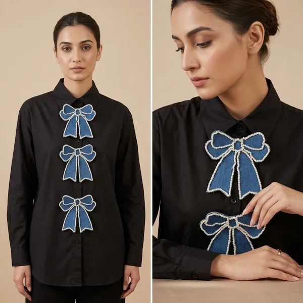 Grey_Cotton_Shirt_With_Blue_Bow_Appliques_For_Women