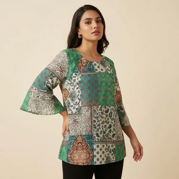 Green_Patchwork_Floral_Print_Tunic_Top_For_Women