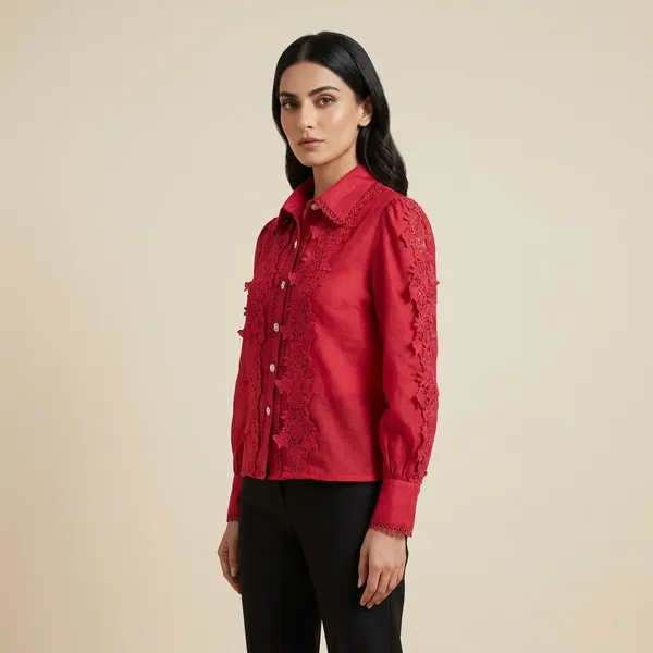 Red_Embroidered_Long_Sleeve_Shirt_For_Women