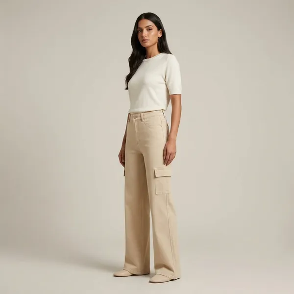 Beige_Knitting_Wide_Leg_Cargo_Pants_For_Women