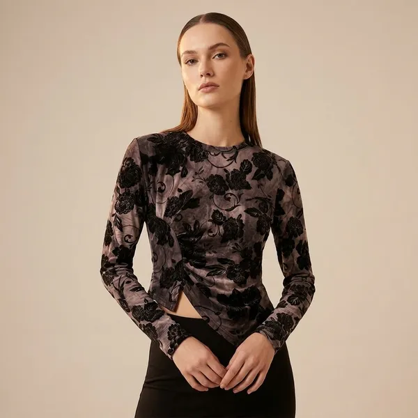 Black_Floral_Print_Asymmetric_Hem_Long_Sleeve_Top_For_Women