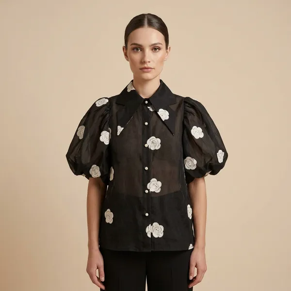 Black_Organza_Floral_Embroidered_Puff_Sleeve_Shirt_For_Women