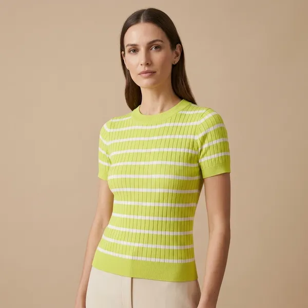 Yellow_White_Striped_Ribbed_Knit_Short_Sleeve_Top_For_Women