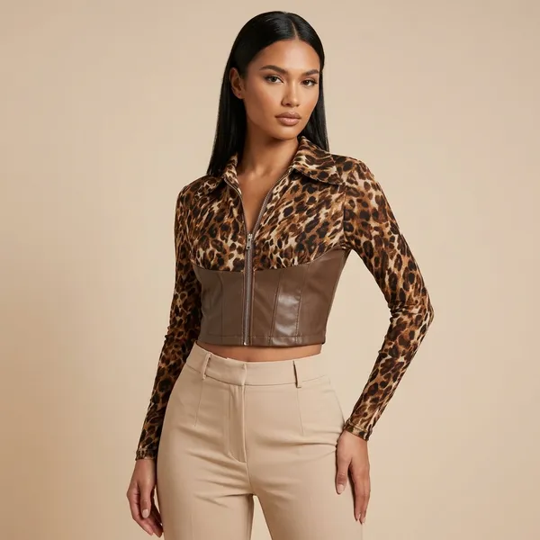 Brown_Leopard_Print_Satin_Cropped_Jacket_For_Women
