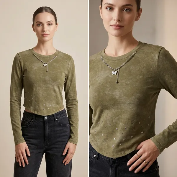 Olive_Green_Long_Sleeve_Embellished_Crop_Top_For_Women