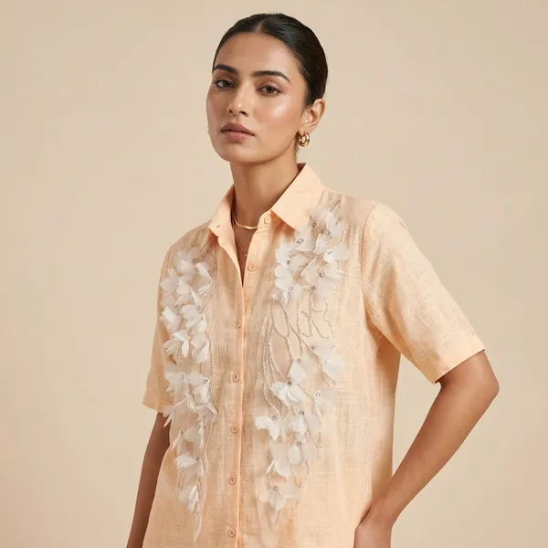 Beige_Embellished_Floral_Short_Sleeve_Shirt_For_Women