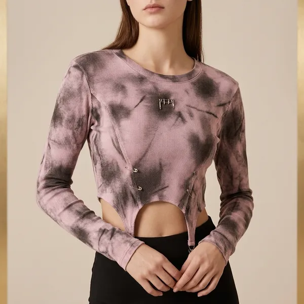 Pink_Distressed_Long_Sleeve_Crop_Top_For_Women