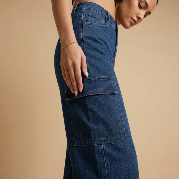 Blue_Satin_Wide_Leg_Cargo_Jeans_For_Women