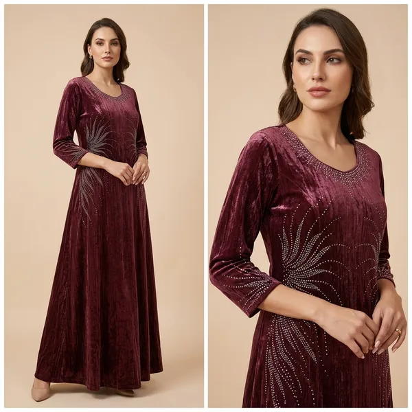 Burgundy_Velvet_Embellished_Full_Length_Dress_For_Women