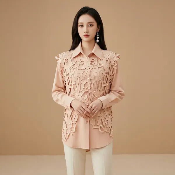 Peach_Floral_Lace_Overlay_Shirt_For_Women