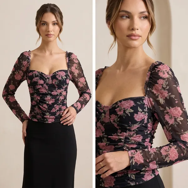 Black_Floral_Ruched_Off_Shoulder_Top_For_Women