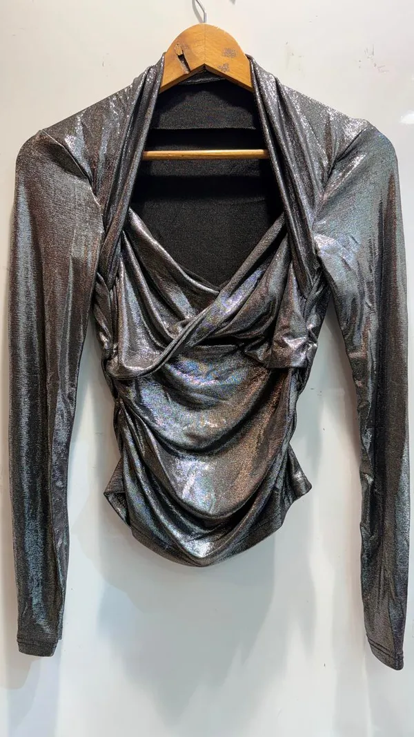 Silver_Metallic_Draped_Long_Sleeve_Top_For_Women