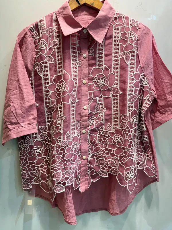 Pink_Floral_Lace_Overlay_Button_Down_Shirt_For_Women