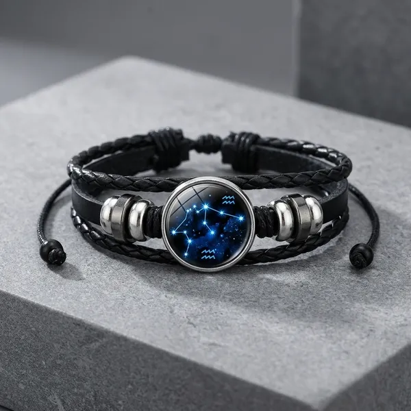 Guardian_Bracelet_Black_Leather_Bracelet_Adjustable_Aquarius