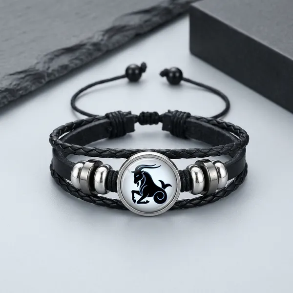 Guardian_Bracelet_Black_Leather_Bracelet_Adjustable_Capricorn