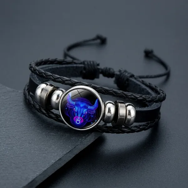 Zodiac_Constellation_Braided_Design_Black_Leather_Bracelet_Adjustable_Capricorn