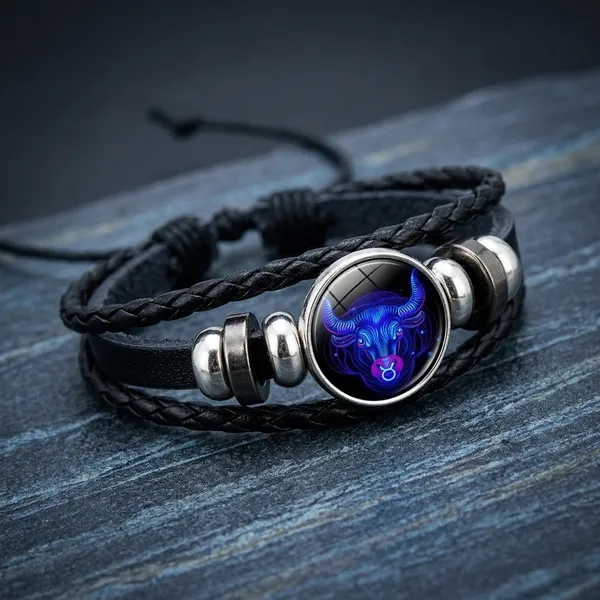 Zodiac_Constellation_Braided_Design_Black_Leather_Bracelet_Adjustable_Aquarius