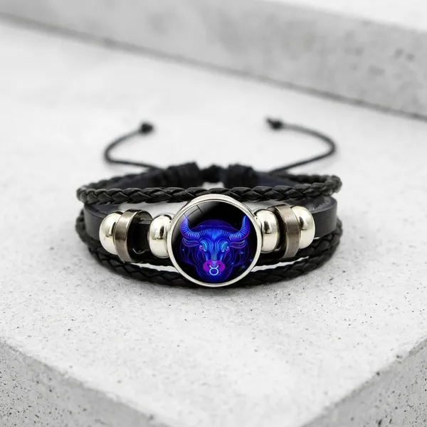 Zodiac_Constellation_Braided_Design_Black_Leather_Bracelet_Adjustable_Aquarius