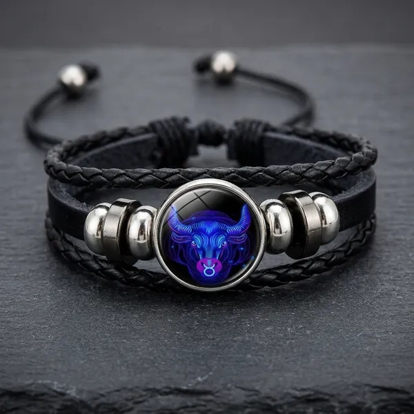 Zodiac_Constellation_Braided_Design_Black_Leather_Bracelet_Adjustable_Sagittarius