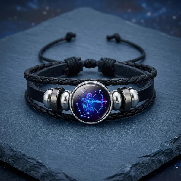 Zodiac_Constellation_Braided_Design_Black_Leather_Bracelet_Adjustable_Sagittarius