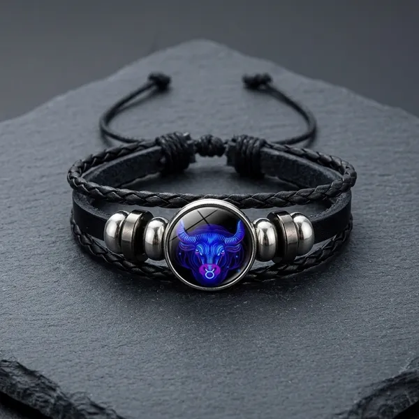 Zodiac_Constellation_Braided_Design_Black_Leather_Bracelet_Adjustable_Libra