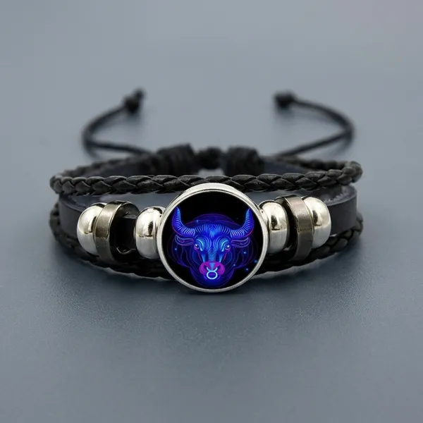 Zodiac_Constellation_Braided_Design_Black_Leather_Bracelet_Adjustable_Libra