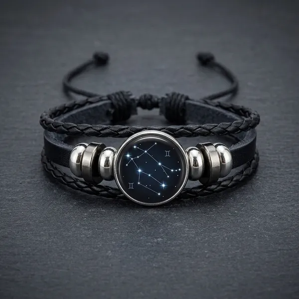 Zodiac_Constellation_Braided_Design_Black_Leather_Bracelet_Adjustable_Gemini