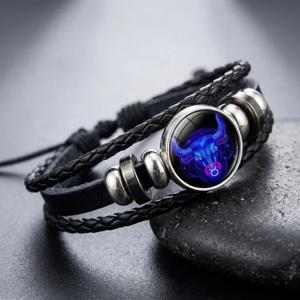 Zodiac_Constellation_Braided_Design_Black_Leather_Bracelet_Adjustable_Virgo