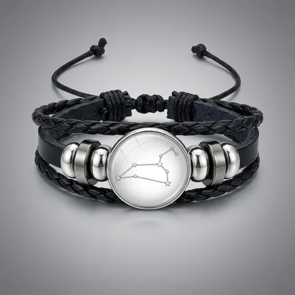 Zodiac_Constellation_Braided_Design_Black_Leather_Bracelet_Adjustable_Leo