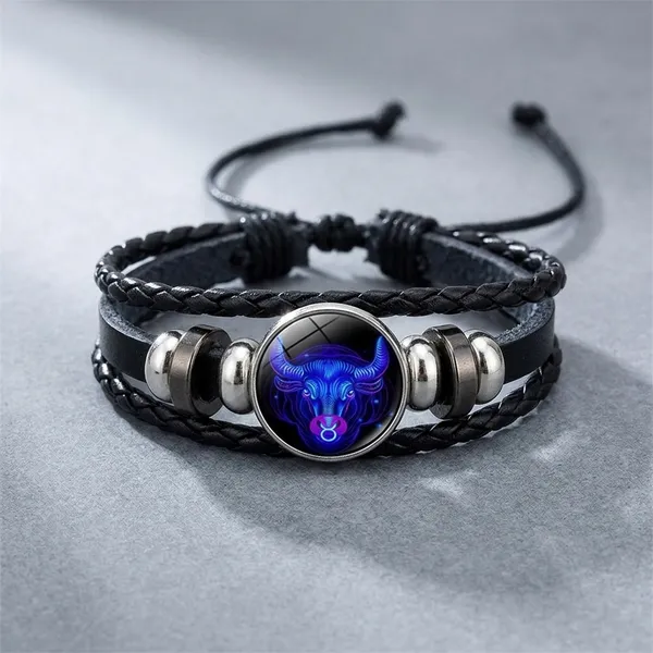 Zodiac_Constellation_Braided_Design_Black_Leather_Bracelet_Adjustable_Leo