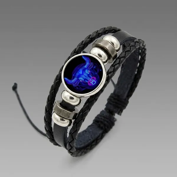 Zodiac_Constellation_Braided_Design_Black_Leather_Bracelet_Adjustable_Taurus