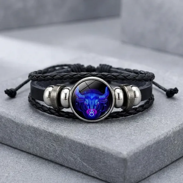 Zodiac_Constellation_Braided_Design_Black_Leather_Bracelet_Adjustable_Taurus
