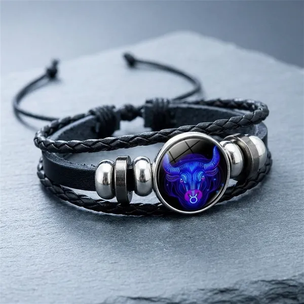 Zodiac_Constellation_Braided_Design_Black_Leather_Bracelet_Adjustable_Cancer