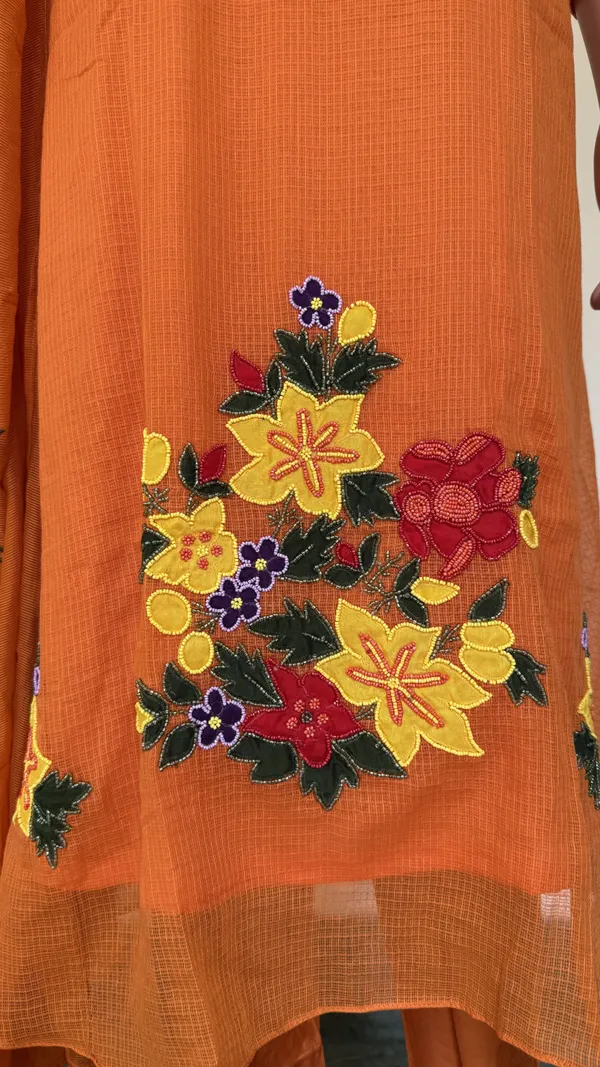 Orange_Kota_Doriya_Suit_Set_With_Floral_Applique_And_Beads_Work