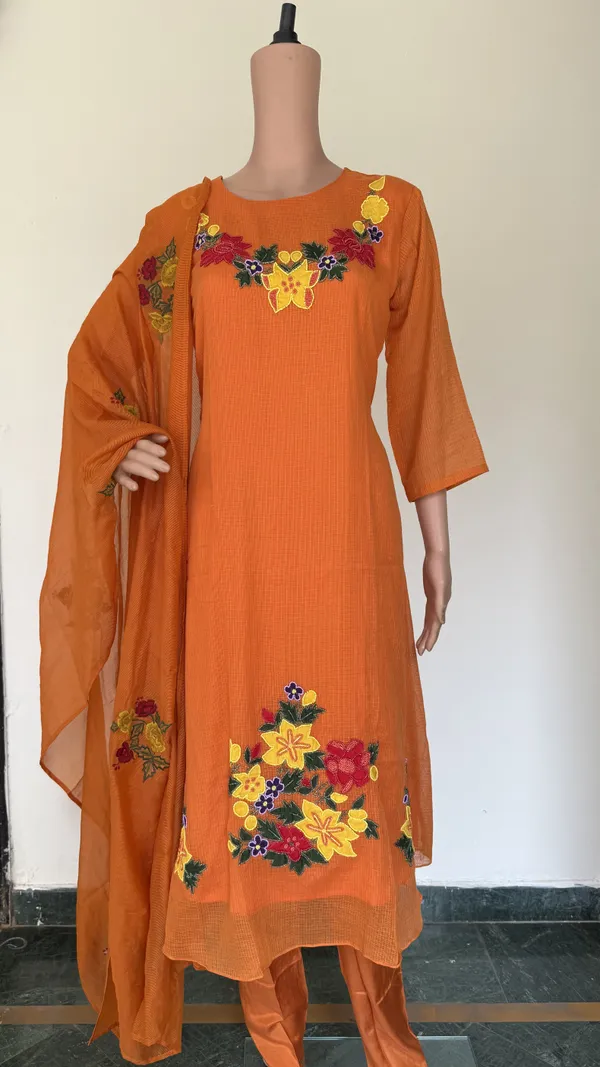 Orange_Kota_Doriya_Suit_Set_With_Floral_Applique_And_Beads_Work