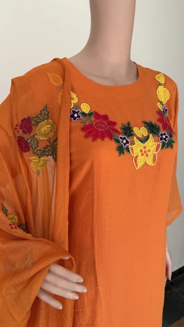 Orange_Kota_Doriya_Suit_Set_With_Floral_Applique_And_Beads_Work