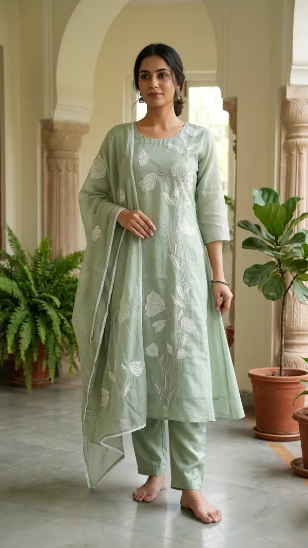 Sage_Green_Kota_Doriya_Suit_Set_With_Floral_Applique_Work
