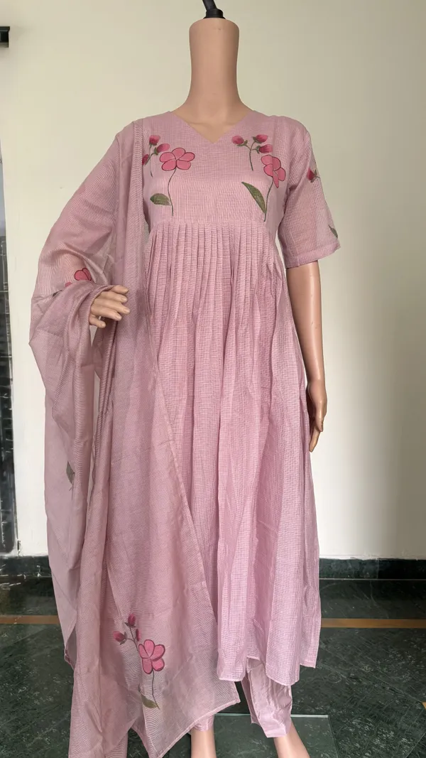 Pink_Kota_Doriya_Suit_Set_With_Hand_Painted_Flowers