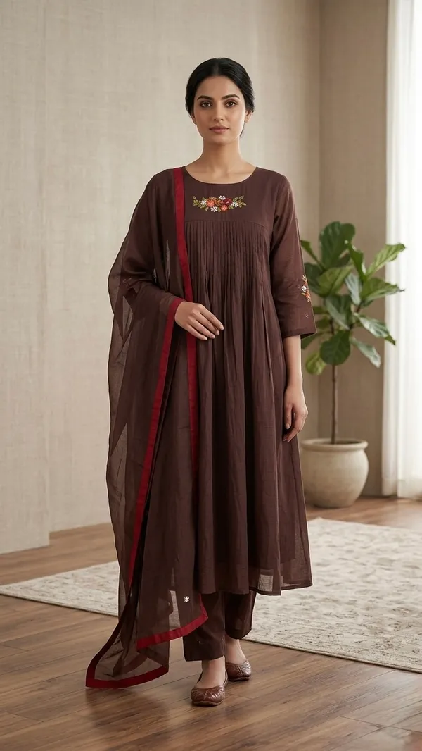 Deep_chocolate_brown_Kota_Doriya_suit_set_with_embroidery_