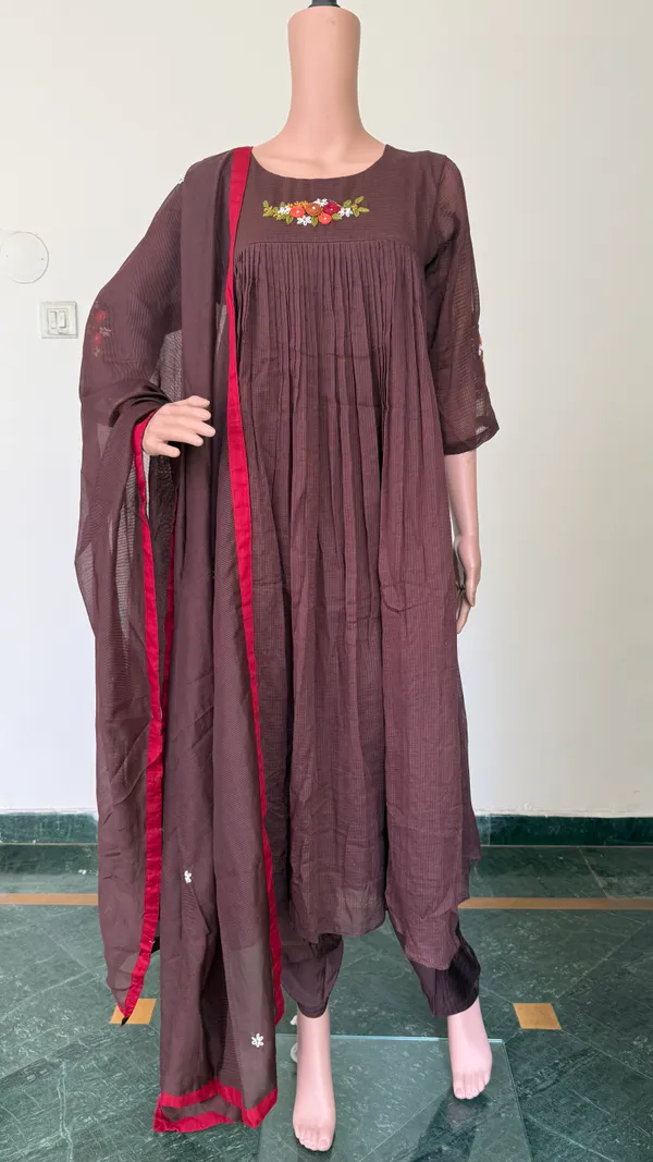 Deep_chocolate_brown_Kota_Doriya_suit_set_with_embroidery_