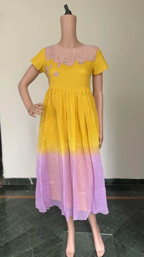 Yellow_And_Pink_Ombre_Kota_Doriya_Dress_With_Sequence_Applique_Work