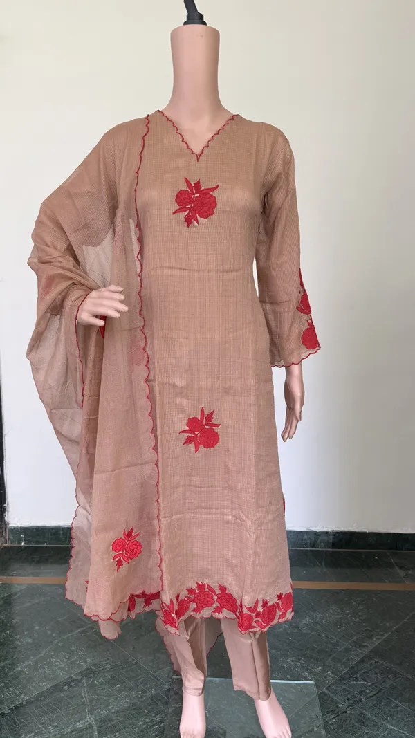 Biscuit_Brown_Kota_Doriya_Suit_Set_With_Red_Floral_Applique_Work