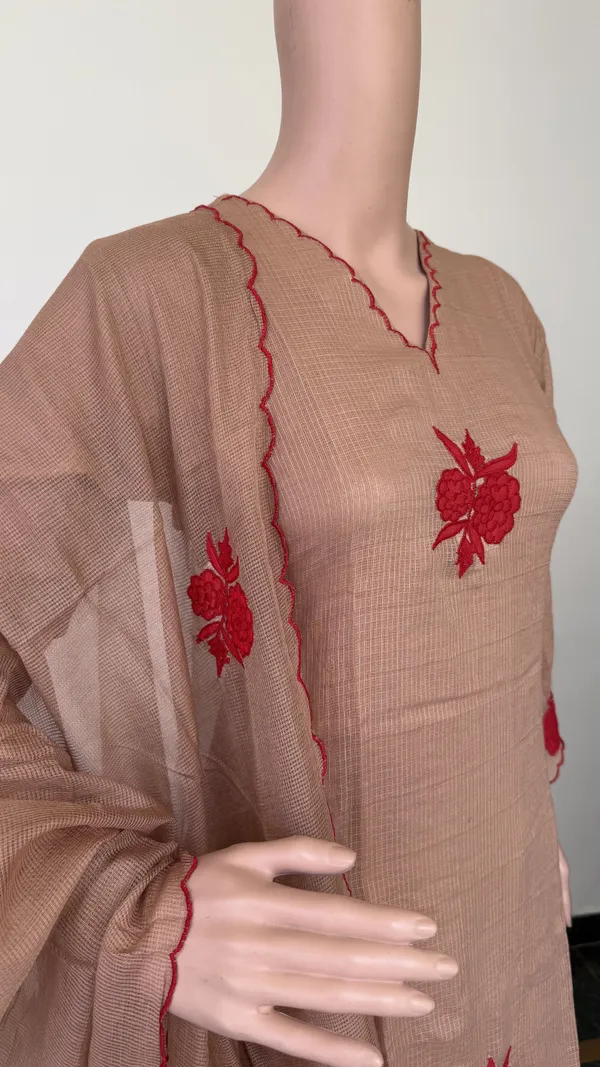 Biscuit_Brown_Kota_Doriya_Suit_Set_With_Red_Floral_Applique_Work