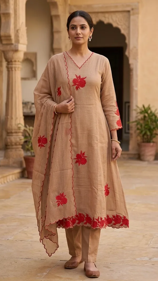 Biscuit_Brown_Kota_Doriya_Suit_Set_With_Red_Floral_Applique_Work