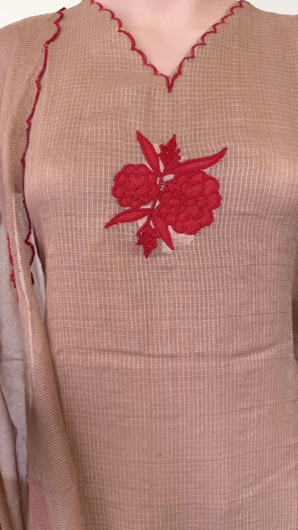 Biscuit_Brown_Kota_Doriya_Suit_Set_With_Red_Floral_Applique_Work