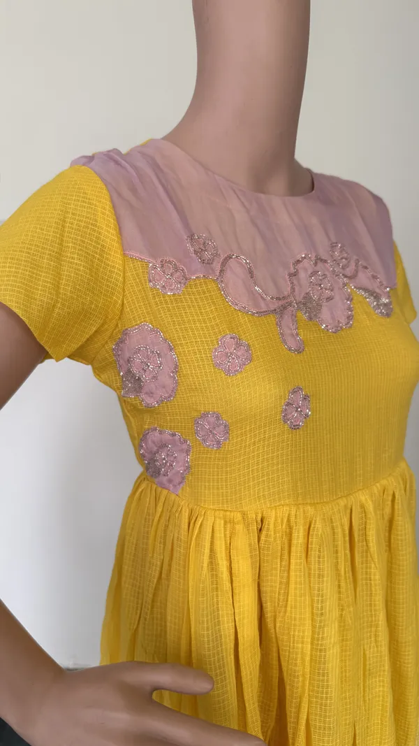 Yellow_And_Pink_Ombre_Kota_Doriya_Dress_With_Sequence_Applique_Work