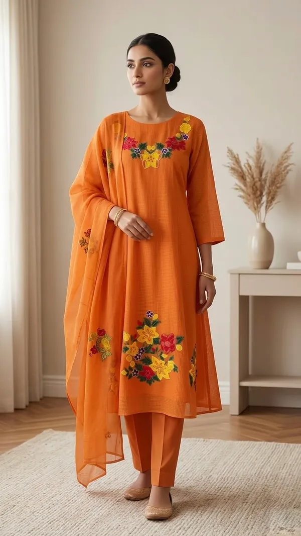 Orange_Kota_Doriya_Suit_Set_With_Floral_Applique_And_Beads_Work